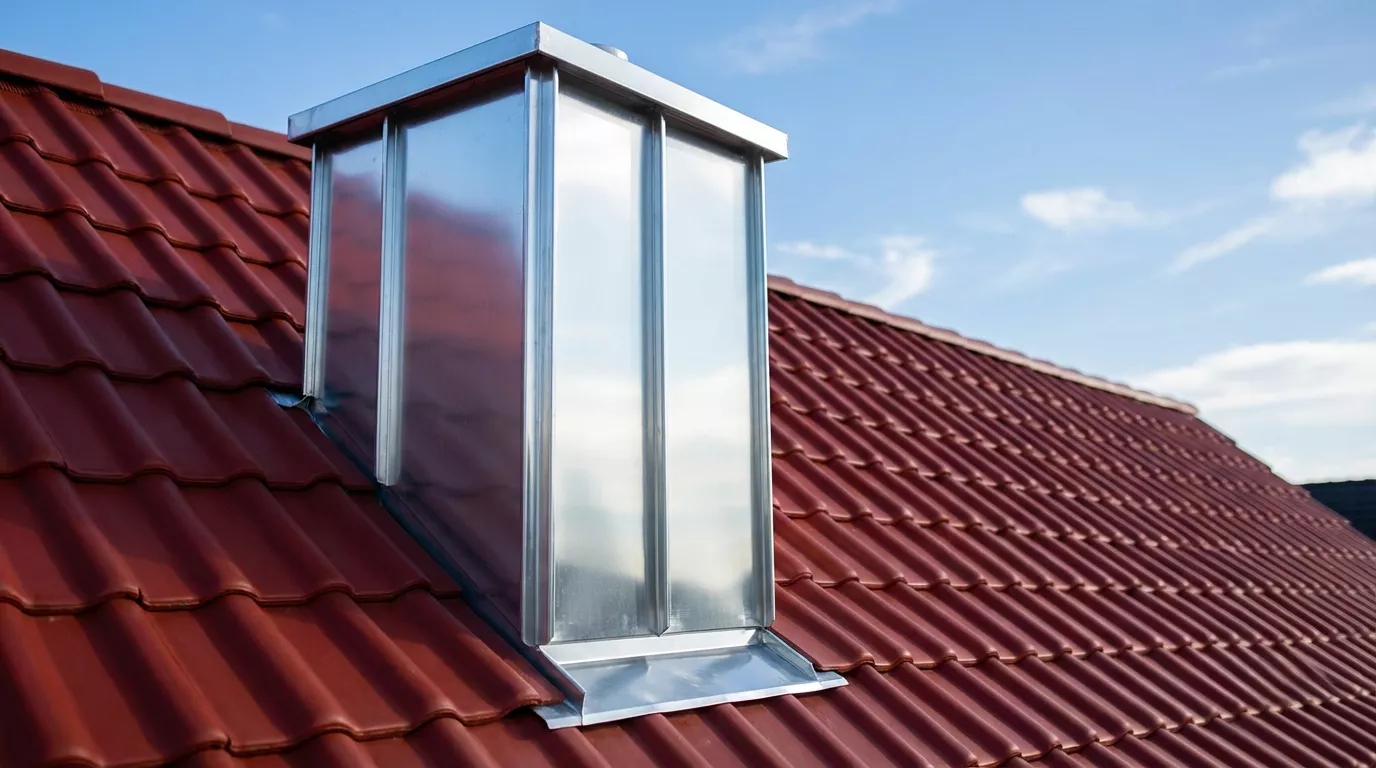 Kamineinfassung aus Zinkblech auf rotem Ziegeldach