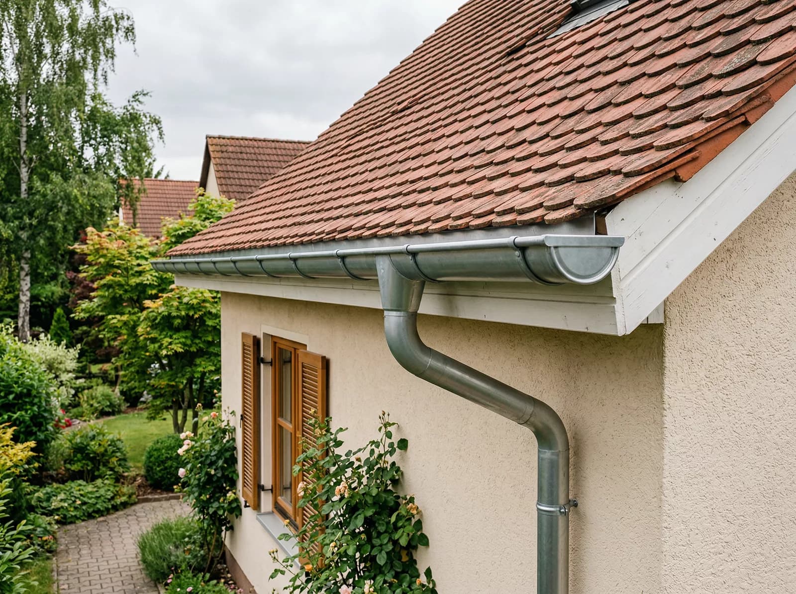 Zink-Dachrinne an einem deutschen Wohnhaus